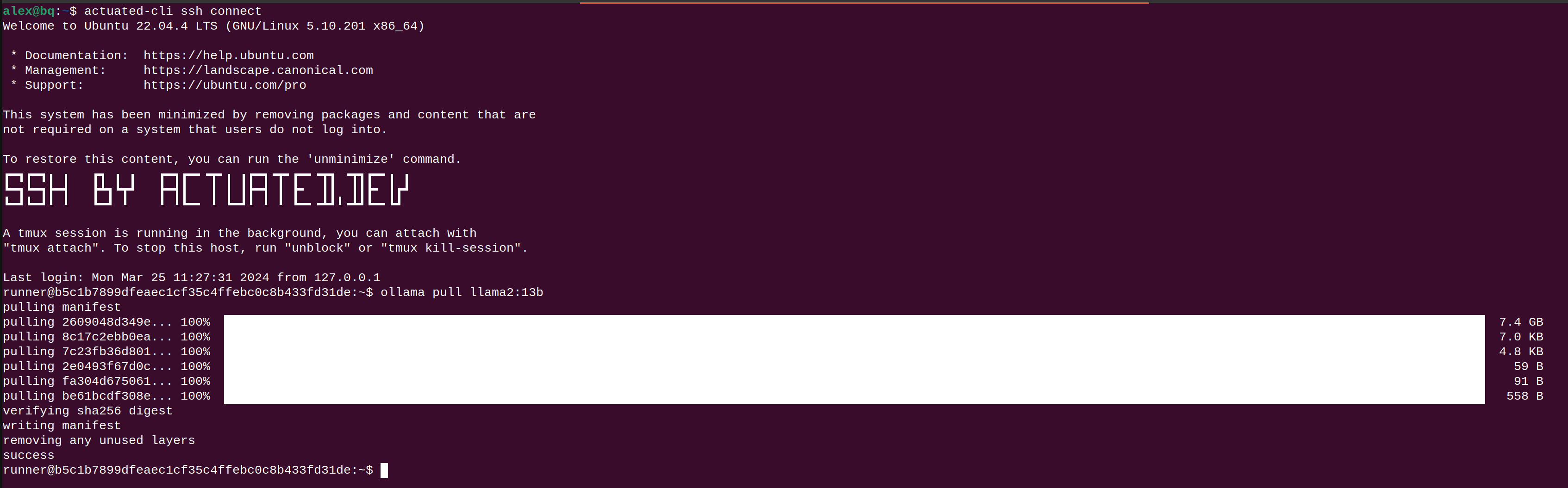 Pulling one of the larger llama2 models interactively in an SSH session, directly to the runner VM