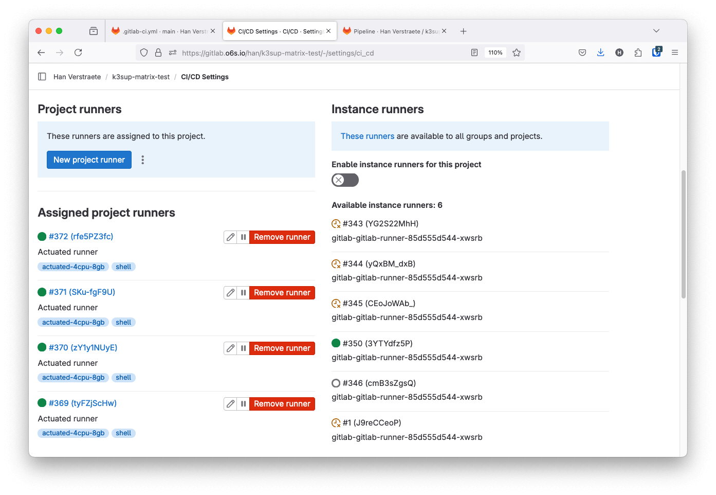 GitLab UI showing Actuated project runners